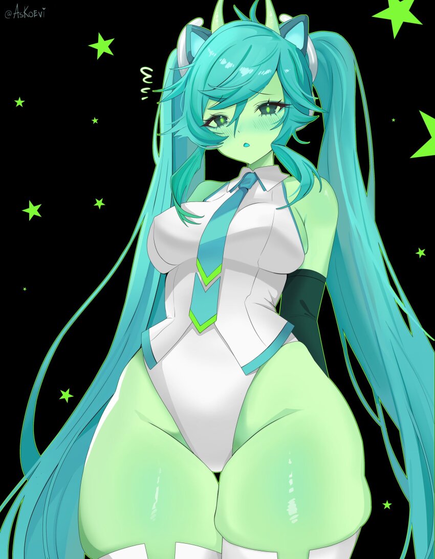1girl alien alienposting_(meme) animal_ears aqua_hair askoevi blush cat_ears colored_skin glorpi_miku_(dyarikku) green_skin hatsune_miku highres long_hair looking_at_viewer meme open_mouth simple_background solo standing vocaloid