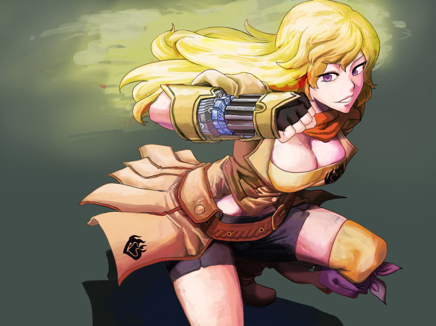 1girl belt black_gloves black_shorts blonde_hair boots breasts brown_belt brown_boots brown_top cleavage clenched_hand female_focus fingerless_gloves gauntlets gloves highres image_sample kneeling large_breasts long_hair looking_at_viewer neckerchief orange_neckerchief pixiv_sample purple_eyes resized rwby shorts single_thighhigh smile solo thighhighs waist_cape weapon yang_xiao_long yellow_gauntlets