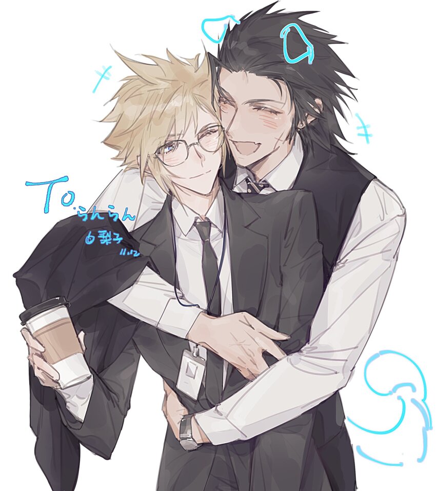 2boys animal_ears black_hair black_jacket black_necktie black_suit black_vest blonde_hair closed_eyes cloud_strife collared_shirt cross_scar cup disposable_coffee_cup disposable_cup dog_ears dog_tail facial_scar fang final_fantasy final_fantasy_vii formal_clothes glasses hair_slicked_back highres holding holding_cup hug hug_from_behind id_card jacket jacket_on_arm light_blush light_smile lily_(shio1006) multiple_boys necktie one_eye_closed open_mouth scar scar_on_cheek scar_on_face shirt short_hair sideburns smile spiked_hair striped_necktie suit suit_jacket tail vest waistcoat watch white_shirt wristwatch yaoi zack_fair