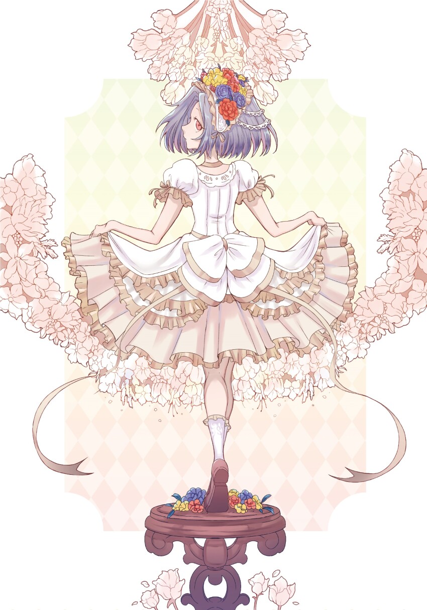 absurdres brown_shoes chapter_cover choker ciel_(kizetsu_yuusha) cover dress flower frilled_dress frills full_body hair_flower hair_ornament highres k_setsuda kizetsu_yuusha_to_ansatsu_hime lifting_own_clothes looking_at_viewer official_art puffy_short_sleeves puffy_sleeves purple_hair red_eyes shoes short_hair short_sleeves socks standing standing_on_object white_dress white_socks