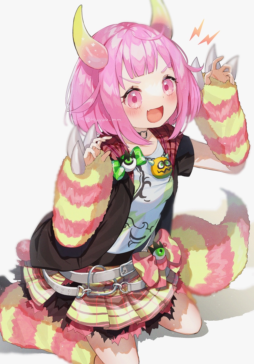 1girl :d absurdres black_choker black_vest blush bob_cut choker claw_pose cosplay fang fingerless_gloves frilled_skirt frills fuinagi_(huyuu_mm) gloves hibiku_twilight_parade_(project_sekai) highres hood hooded_vest hoodie horns kagamine_rin kagamine_rin_(cosplay) leg_warmers miniskirt o-ring o-ring_choker ootori_emu open_mouth pink_eyes pink_hair plaid_clothes plaid_skirt pleated_skirt project_sekai shirt short_hair short_sleeves skin_fang skirt smile solo tail v-shaped_eyebrows vest white_shirt wonderlands_x_showtime_rin yellow_skirt