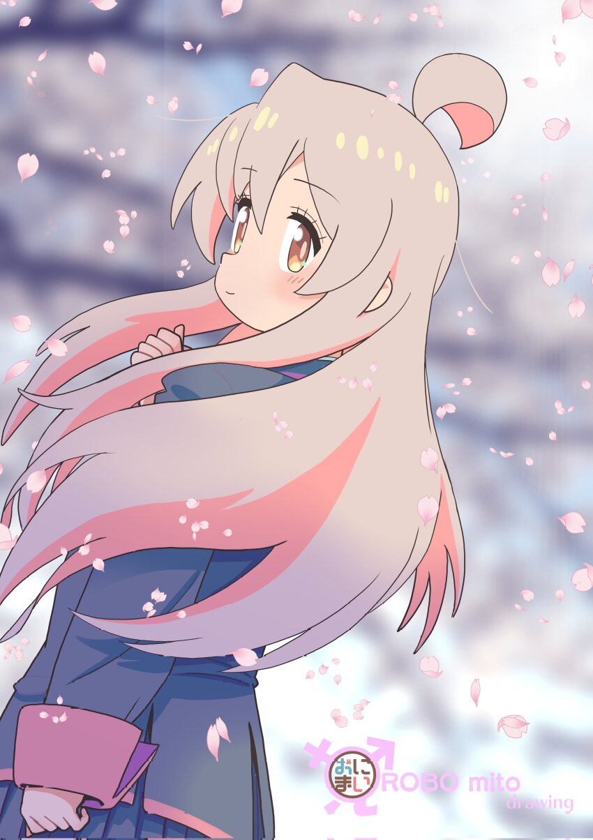 1girl absurdres ahoge artist_name black_jacket black_skirt blurry blurry_background brown_eyes cherry_blossoms commentary copyright_name corrupted_twitter_file falling_petals from_behind hair_between_eyes highres jacket light_blush light_smile long_hair long_sleeves looking_at_viewer looking_back male-female_symbol multicolored_hair onii-chan_wa_oshimai! oyama_mahiro petals pink_hair pleated_skirt robomito school_uniform skirt solo tree two-tone_hair