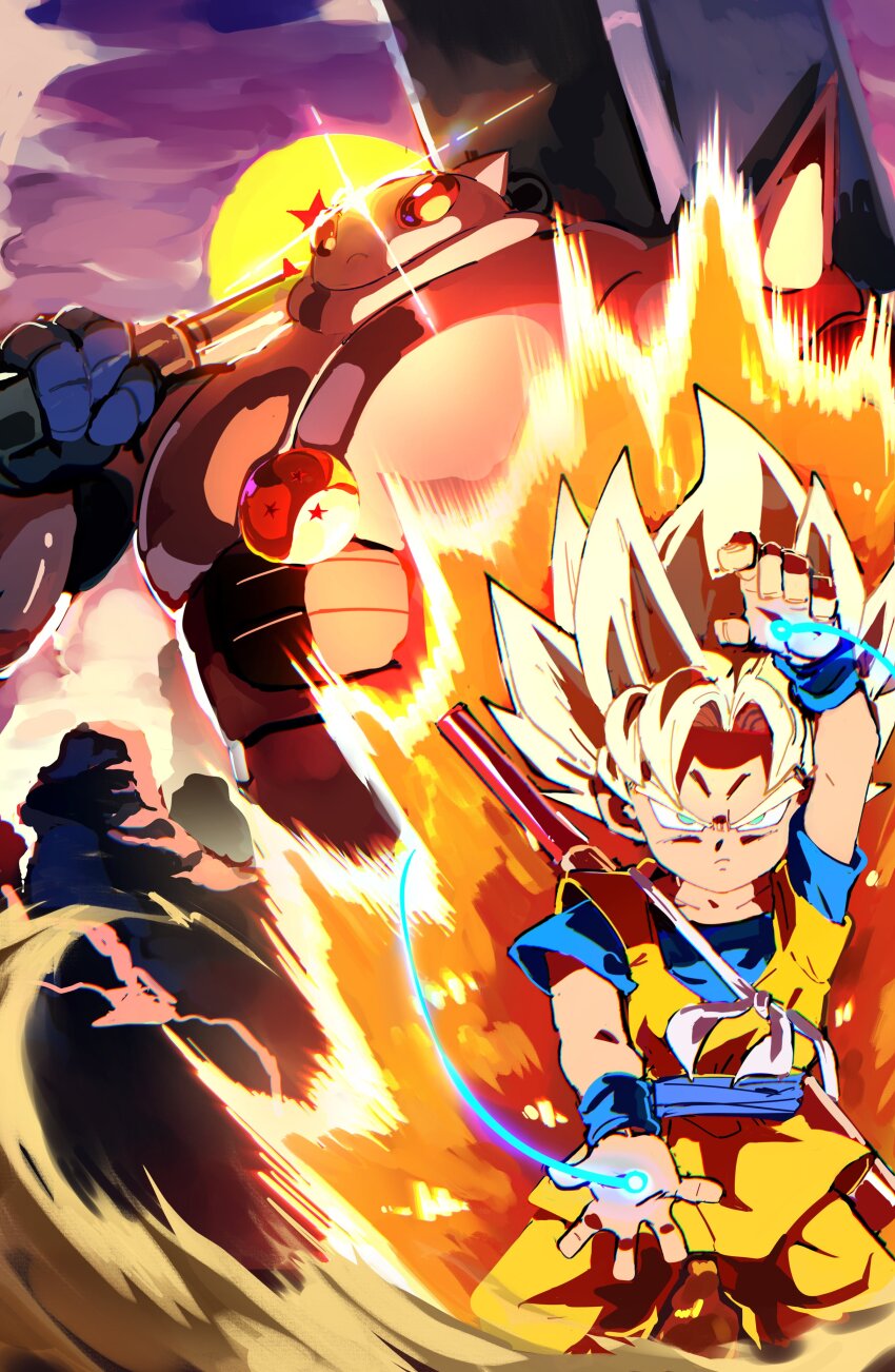 1boy absurdres armor artist_logo artist_name aura blonde_hair bo_staff closed_mouth cloud collarbone commentary cowboy_shot dougi dragon_ball dragon_ball_(object) dragon_ball_daima energy forehead frown funnismonkis green_eyes hammer hand_up highres holding holding_hammer light_frown logo looking_at_viewer medium_hair outdoors red_eyes robot ruyi_jingu_bang serious shadow short_sleeves son_goku sparkle spiked_armor sun super_saiyan super_saiyan_2 tamagami_number_3 v-shaped_eyebrows weapon weapon_on_back