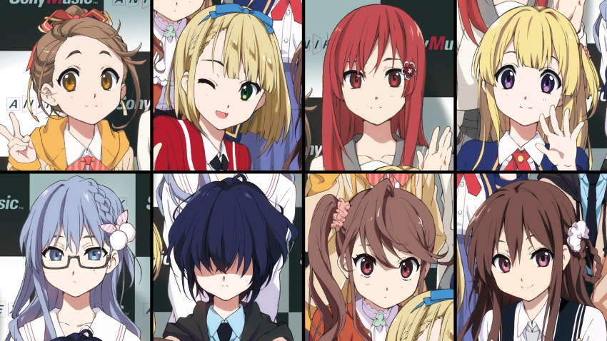 22/7 22/7_ongaku_no_jikan 6+girls black-framed_eyewear blonde_hair blue_eyes blue_hair blue_hairband blue_ribbon bow braid braided_hair_rings brown_eyes brown_hair closed_mouth flower fujima_sakura game_cg green_eyes hair_between_eyes hair_bow hair_flower hair_ornament hair_over_eyes hair_ribbon hair_rings hair_scrunchie hairband high_ponytail high_side_ponytail highres horiguchi_yukiko kono_miyako light_blue_hair lineup long_hair looking_at_viewer maruyama_akane multiple_girls non-web_source official_art one_eye_closed open_mouth ponytail purple_eyes rectangular_eyewear red_eyes red_hair ribbon saito_nicole sato_reika school_uniform scrunchie semi-rimless_eyewear short_hair sidelocks single_braid single_hair_ring smile straight_hair tachikawa_ayaka takigawa_miu toda_jun twin_braids under-rim_eyewear v wavy_hair
