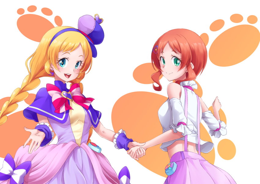 2girls blonde_hair blush bow bowtie braid brooch capelet closed_mouth cure_friendy detached_sleeves dress earrings flat_cap green_eyes hair_ornament hairband hairclip hat heart heart_brooch highres holding_hands inukai_iroha jewelry long_hair low_twin_braids magical_girl medium_hair midriff multiple_girls open_mouth overalls pink_hair precure purple_capelet purple_dress purple_hairband purple_hat purple_overalls shirt shiruppo striped_bow striped_bowtie striped_clothes twin_braids white_shirt wonderful_precure! wrist_cuffs