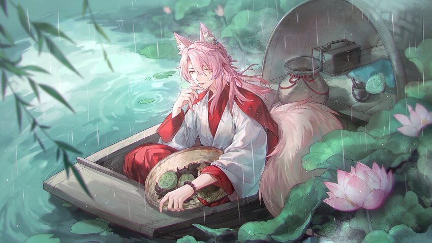 1boy animal_ear_fluff animal_ears basket bead_bracelet beads blurry blurry_foreground bracelet branch cape chinese_clothes cushion flower fox_boy fox_ears fox_tail hair_between_eyes hair_bun hair_ornament hair_ribbon hair_stick hand_up hanfu hashtag-only_commentary holding holding_basket honkai:_star_rail honkai_(series) jacket jewelry jiaoqiu_(honkai:_star_rail) kangetsu_(fhalei) lily_pad long_hair looking_at_viewer lotus lotus_leaf lotus_pod male_focus outdoors parted_bangs pink_flower pink_hair rain red_cape red_hanfu red_ribbon ribbon ripples sidelocks single_hair_bun sitting smile solo tail tassel tongue tongue_out water white_jacket yellow_eyes