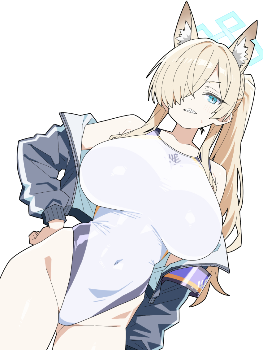 1girl animal_ear_fluff animal_ears blonde_hair blue_archive blue_eyes blue_halo blue_jacket breasts clenched_teeth competition_swimsuit covered_navel dog_ears dog_girl dutch_angle extra_ears hair_over_one_eye halo highleg highleg_one-piece_swimsuit highres jacket jacket_partially_removed kanna_(blue_archive) kanna_(swimsuit)_(blue_archive) large_breasts long_hair looking_at_viewer matuo3232 notched_ear official_alternate_costume one-piece_swimsuit ponytail sharp_teeth simple_background solo swimsuit teeth white_background white_one-piece_swimsuit
