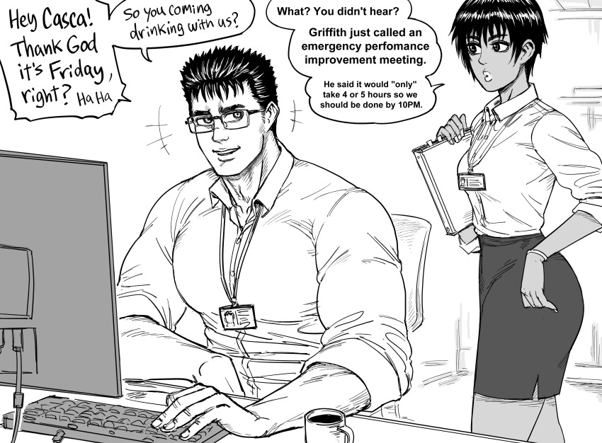 +++ 1boy 1girl 1koma absurdres adam&#039;s_apple alternate_costume alternate_universe bb_(baalbuddy) berserk bespectacled casca_(berserk) chair collarbone comic commentary computer_keyboard computer_mouse dark-skinned_female dark_skin english_commentary english_text fingernails glasses greyscale guts_(berserk) hand_up highres holding holding_notepad indoors miniskirt monitor monochrome muscular muscular_male notepad office office_chair pencil_skirt right-to-left_comic segmented_comic shirt short_hair sitting skirt smile swivel_chair