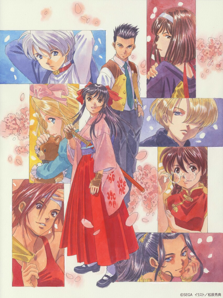 1990s_(style) 1boy 6+girls :d absurdres adjusting_eyewear apron arms_behind_back artist_name bead_necklace beads black_coat black_hair blonde_hair blue_eyes blue_jacket bow braid brown_eyes brown_gloves brown_hair cherry_blossoms child china_dress chinese_clothes closed_mouth coat copyright_notice dark-skinned_female dark_skin detached_sleeves dress earrings everyone fingerless_gloves floral_print floral_print_kimono flower frilled_apron frills gloves green_dress green_eyes green_necktie grey_hair group_picture hair_bow hair_bun hair_ornament hair_over_one_eye hair_ribbon hairband hakama hand_on_own_arm hand_on_own_head hand_on_own_shoulder head_on_hand headband highres holding holding_jacket holding_stuffed_toy holding_unworn_clothes iris_chateaubriand jacket japanese_clothes jean-paul jewelry kanzaki_sumire katana kimono kirishima_kanna light_brown_hair long_hair long_sleeves looking_at_viewer looking_back lying maria_tachibana mary_janes matsubara_hidenori mole mole_under_eye multiple_girls necklace necktie obi official_art on_side oogami_ichirou open_mouth paneled_background pants parted_lips pink_bow pink_kimono ponytail print_kimono puffy_sleeves purple_eyes purple_hair purple_kimono purple_sash putting_on_jacket red_dress red_flower red_hakama red_ribbon reni_milchstrasse retro_artstyle ri_kouran ribbon sakura_taisen sakura_taisen_ii sash second-party_source sega shinguuji_sakura shoes short_hair short_sleeves simple_background smile socks soletta_orihime standing stuffed_animal stuffed_toy sword teddy_bear teeth traditional_media twin_braids twintails unworn_jacket vest weapon white_headband white_socks wrench yellow_vest