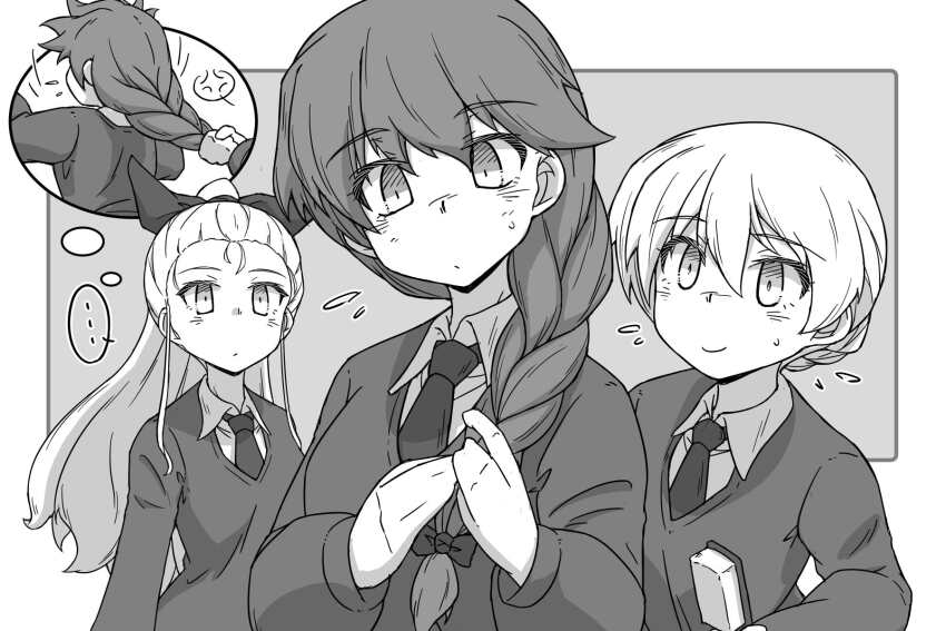 3girls aged_down anger_vein assam_(girls_und_panzer) black_necktie black_ribbon blonde_hair braid brown_hair collared_shirt commentary_request darjeeling_(girls_und_panzer) frown girls_und_panzer grabbing_another&#039;s_hair hair_ornament hair_ribbon hairpin highres long_braid long_hair messy_hair miniskirt monochrome multiple_girls necktie renshiu ribbon rukuriri_(girls_und_panzer) school_uniform shirt skirt st._gloriana&#039;s_school_uniform sweater