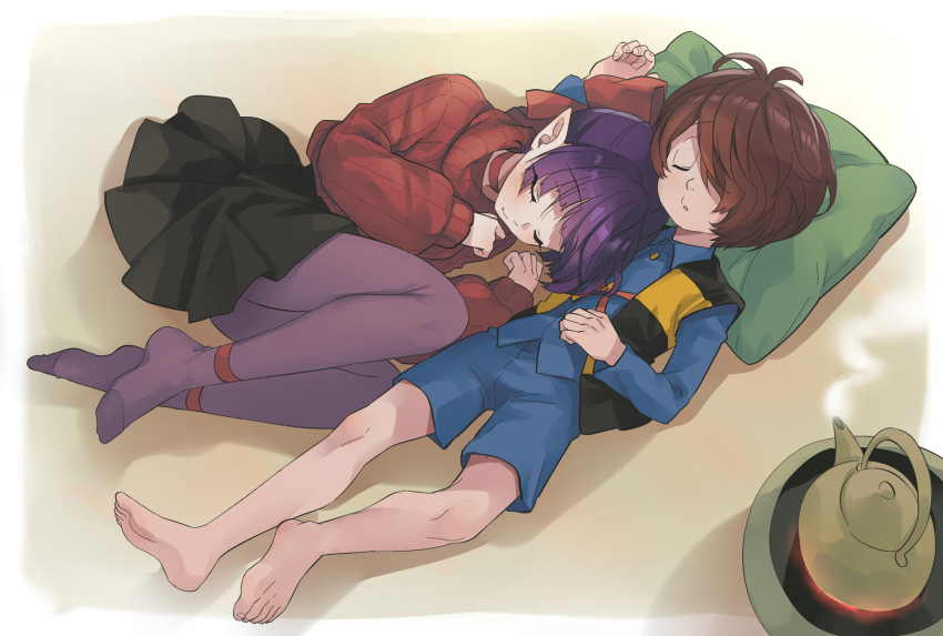 1boy 1girl alternate_costume barefoot bow brown_hair clenched_hands commentary_request gegege_no_kitarou hair_bow hair_over_one_eye highres kettle kitarou lying nekomusume nekomusume_(gegege_no_kitarou_6) on_back pantyhose pillow pointy_ears purple_hair short_hair silanduqiaocui skirt sleeping steam sweater