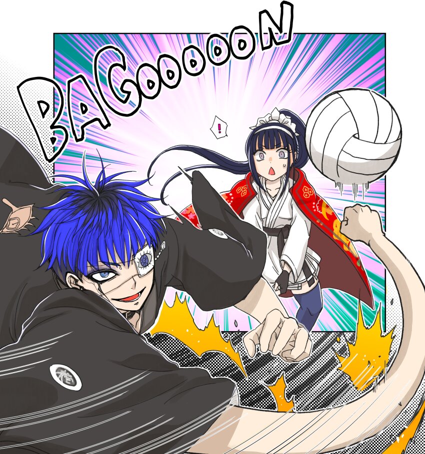 1boy 1girl absurdres ball black_choker black_gloves black_hair black_haori black_thighhighs blue_eyes blue_hair cape chin_piercing choker dougi eye_print eyepatch face_piercing fingerless_gloves gloves hairband haori highres japanese_clothes long_hair magadori_kyoshika martial_arts_belt multicolored_hair official_art omokage_yugamu open_mouth piercing ponytail print_eyepatch purple_background red_cape roots_(hair) short_hair smile extendable_limbs surprised the_hundred_line_-last_defense_academy- thighhighs triangle_mouth volleyball volleyball_(object)