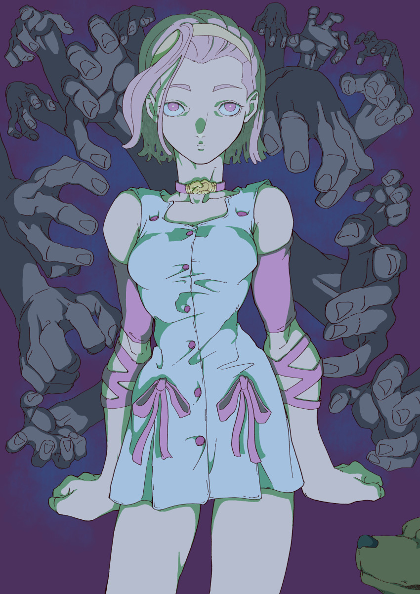 1girl absurdres arm_warmers arnold_(jojo) choker clenched_hands commentary diamond_wa_kudakenai dog dress headband highres ishioka_kiyoshi jojo_no_kimyou_na_bouken pink_eyes pink_hair short_hair sugimoto_reimi