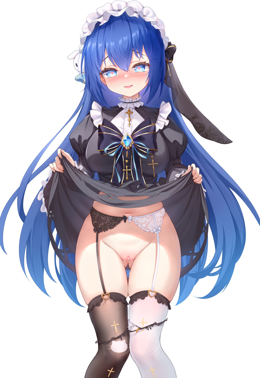 1girl absurdres asymmetrical_legwear black_dress black_thighhighs blue_eyes blue_hair blush breasts chinese_commentary cleft_of_venus clothes_lift commentary_request dress dress_lift feet_out_of_frame garter_belt gluteal_fold heart heart-shaped_pupils highres juliet_sleeves large_breasts lifting_own_clothes long_hair long_sleeves looking_at_viewer maid maid_headdress mismatched_legwear mismatched_thighhighs navel nose_blush open_mouth original panties panty_pull puffy_sleeves pussy pussy_juice pussy_juice_stain qian_hen simple_background smile solo stained_panties symbol-shaped_pupils thighhighs torn_clothes torn_dress uncensored underwear variant_set very_long_hair white_background white_panties white_thighhighs