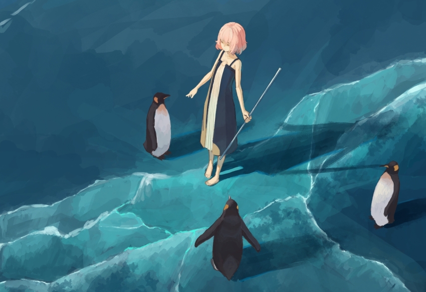 bare_shoulders barefoot bird dress emperor_penguin frozen glacier ice ocean original others_(gogo-o) penguin pink_hair short_hair