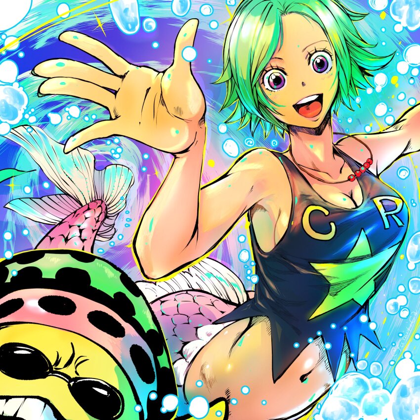 1boy 1girl air_bubble alternate_skin_color bare_shoulders black_skirt breasts bubble camie_(one_piece) cleavage collarbone colored_skin green_hair happy hat highres illustica_phantom kneeless_mermaid looking_at_viewer medium_breasts mermaid midriff monster_girl navel one_piece open_mouth pappug purple_eyes short_hair skirt sleeveless smile star_(symbol) star_print starfish sunglasses tam_o&#039;_shanter teeth underwater upper_teeth_only waving yellow_skin