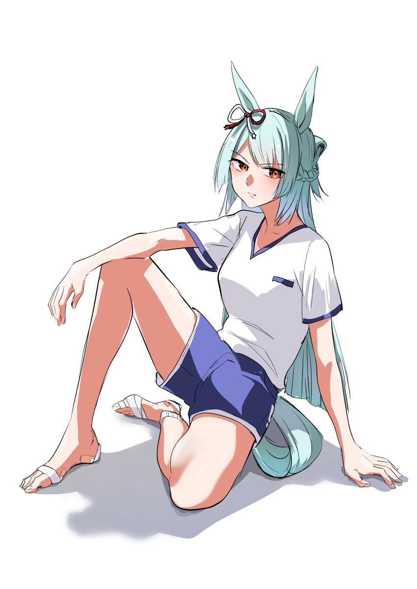 1girl absurdres animal_ears arm_on_knee bandaged_foot bandages barefoot blue_shorts bow braid closed_mouth commentary crown_braid ear_ribbon folded_ponytail frown fujimasa_march full_body green_hair gym_shirt gym_shorts highres horse_ears horse_girl horse_tail kakuteru_sudachi kasamatsu_tracen_training_uniform long_hair looking_at_viewer shirt short_sleeves shorts simple_background sitting solo straight_hair t-shirt tail umamusume umamusume:_cinderella_gray v-neck white_background white_shirt yellow_eyes