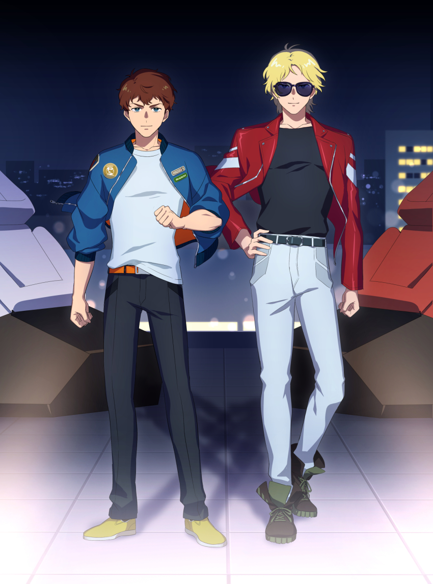 2boys aeug amuro_ray belt black_belt black_pants blonde_hair blue_eyes blue_jacket blue_pants brown_belt char_aznable city gundam gundam_gquuuuuux highres jacket looking_at_viewer military_uniform mobile_suit_gundam multiple_boys night nvig00 pants quattro_bajeena shoes sunglasses zeta_gundam