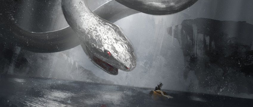 1boy absurdres animal asaki_(asaki_vision) black_hair chinese_zodiac commentary commentary_request english_commentary giant_snake great_serpent_(sekiro) highres male_focus mixed-language_commentary outdoors oversized_animal red_eyes sekiro sekiro:_shadows_die_twice snake swimming water year_of_the_snake