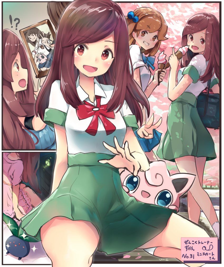!? 2girls bag blush bow bowtie brown_hair collar commentary_request dated e-co food gen_1_pokemon green_skirt grin handbag highres ice_cream ice_cream_cone jigglypuff lass_(pokemon) long_hair miniskirt multiple_girls nintendo oddish poke_ball poke_ball_(basic) pokemon pokemon_(creature) pokemon_dppt pokemon_frlg pokemon_lgpe school_uniform short_sleeves skirt smile sparkle v
