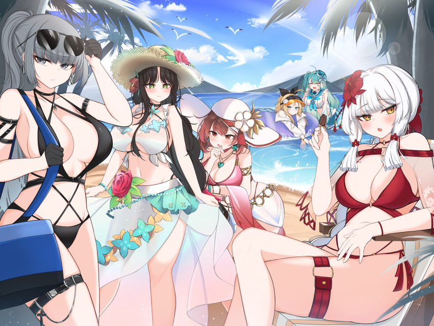 6+girls :o absurdres beach bikini bird black_survival blonde_hair blue_eyes blush breasts brown_hair cleavage closed_eyes cloud cloudy_sky emma_hardy eternal_return:_black_survival eyewear_on_head flower geah green_eyes grey_eyes grey_hair gweon_sua hair_flower hair_ornament hat haze_(black_survival) highres large_breasts long_hair medium_hair minami_rio multiple_girls nicky_blake official_alternate_costume open_mouth red_eyes red_hair seagull sideboob sky sun_glare sun_hat sunglasses swimsuit tran_quynh_mai water white_hair yellow_eyes