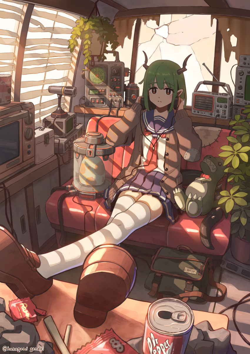 1girl absurdres bag blue_sailor_collar blue_skirt broken_window brown_eyes brown_jacket brown_shoes cabinet closed_mouth commentary couch crossed_legs dragon_horns egg english_commentary full_body green_hair hanagamigendai hands_on_headphones hanging_plant headphones headphones_around_neck highres horns indoors jacket jar light_frown loaded_interior loafers messenger_bag messy_room microwave necktie original outstretched_legs patch plant potted_plant radar radio red_eyes red_necktie sailor_collar school_uniform serafuku shirt shoes shoulder_bag sitting skirt solo stuffed_animal stuffed_toy television thighhighs tube twitter_username white_shirt white_thighhighs window window_shutter