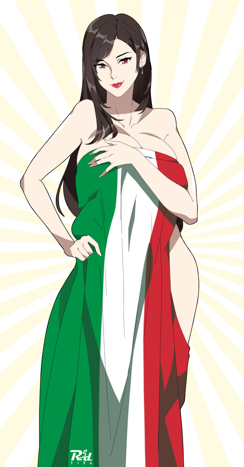 1girl absurdres artist_name bare_shoulders blush breasts brown_hair cleavage commentary cover earrings final_fantasy final_fantasy_vii fingernails floating_earring highres italian_flag italian_senate_porn_livestream_(meme) jewelry large_breasts lips lipstick long_hair looking_at_viewer makeup meme naked_towel r3dfive red_eyes smile solo standing tifa_lockhart towel