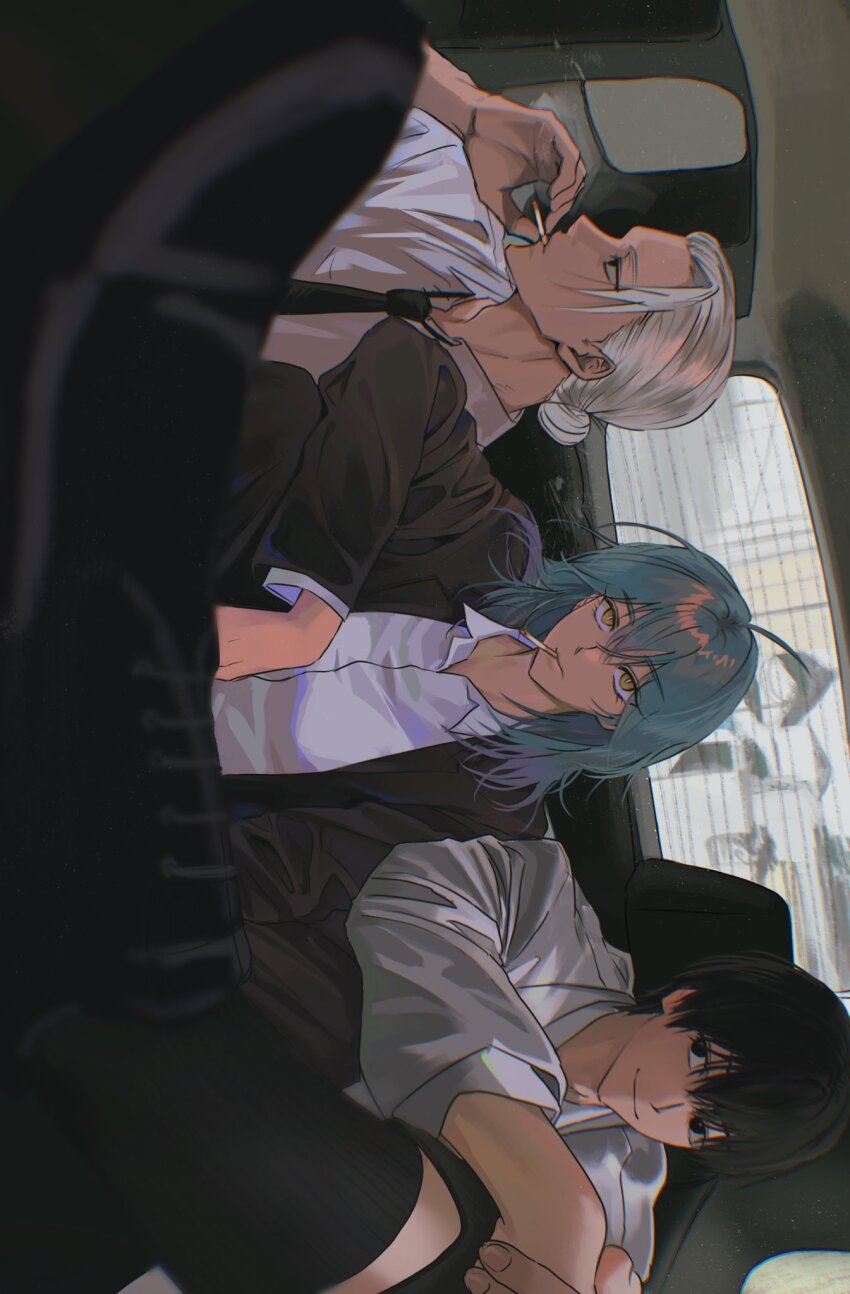 1girl 2boys akao_rion aqua_hair black_eyes black_hair car_interior cigarette collared_shirt highres jacket leg_up looking_at_viewer looking_to_the_side multiple_boys nagumo_(sakamoto_days) pakpookeee sakamoto_days sakamoto_taro sakamoto_taro_(skinny) shirt sideways_glance sitting smoking white_hair white_shirt yellow_eyes