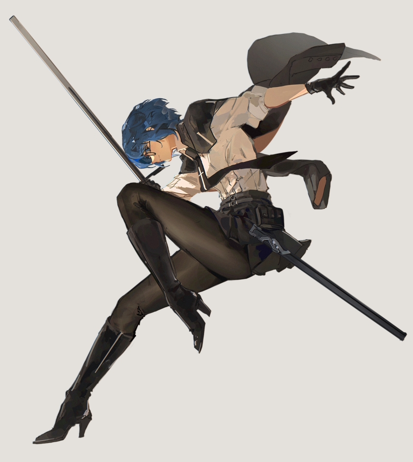 1girl black_gloves black_jacket black_keys_(type-moon) black_necktie black_skirt blue_eyes blue_hair boots c.i.e.l_(fate) ciel-sensei_(fate) ciel_(tsukihime) fate/grand_order fate_(series) full_body glasses gloves grey_background highres jacket jacket_on_shoulders knee_boots looking_at_viewer necktie pantyhose profile shirt short_hair simple_background skirt white_shirt xiao_dao_(kojimarie)
