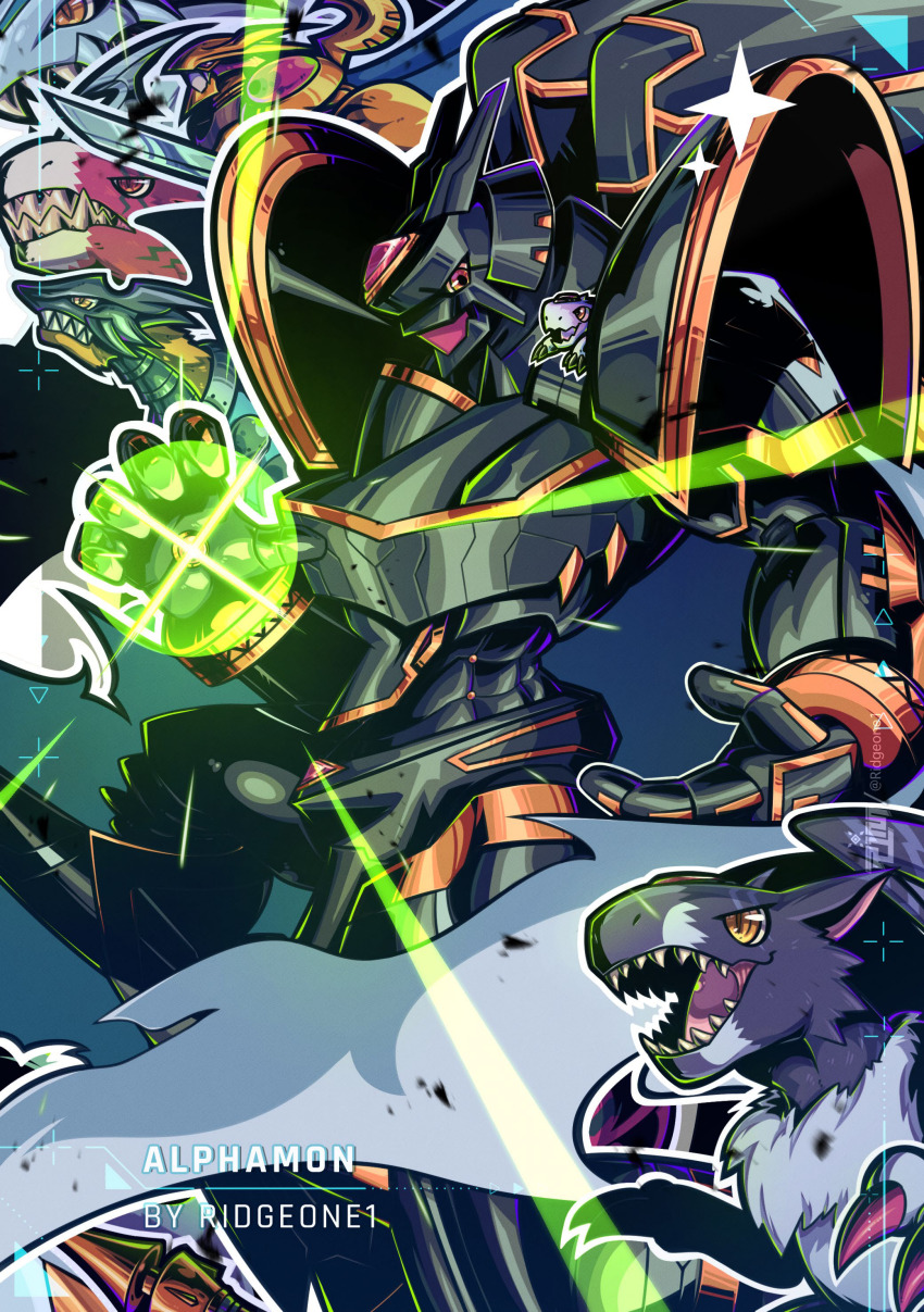 absurdres alphamon cape digicore_interface digimon digimon_(creature) dorugamon doruguremon dorumon evolutionary_line grademon highres raptordramon sharp_teeth teeth