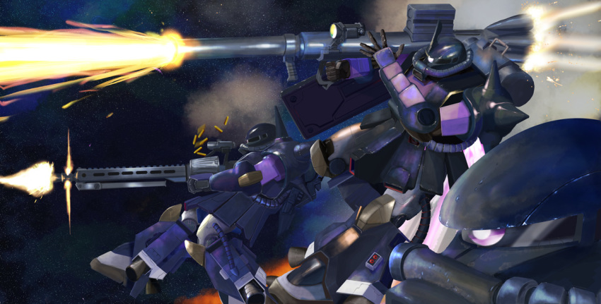 bad_id bad_pixiv_id battle cable firing gun gundam i.t.o_daynamics m1_bazooka machine_gun mecha mobile_suit_gundam mobile_suit_gundam_the_origin realistic robot rocket_launcher science_fiction shell_casing space spikes star_(sky) thrusters weapon zaku_ii zaku_ii_hmt_black_tri-stars_custom