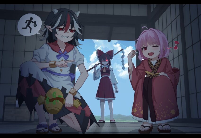 alternate_hair_color chest_(furniture) coin geta glowing glowing_eye gohei hakurei_reimu highres horns jager japanese_clothes kijin_seija kimono minecraft miracle_mallet multicolored_hair musical_note nontraditional_miko ofuda pink_hair red_ribbon ribbon slit_pupils speech_bubble sukuna_shinmyoumaru touhou
