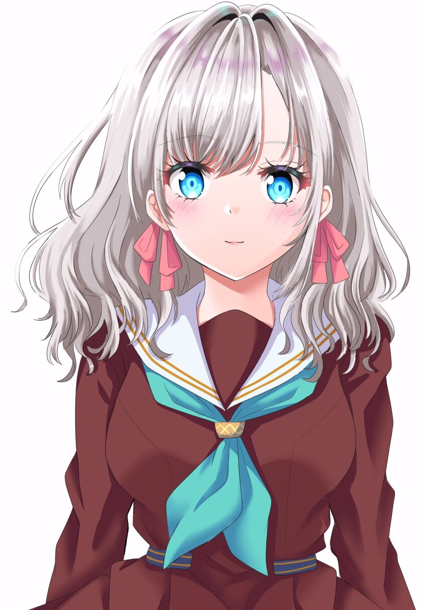 1girl aqua_neckerchief blue_eyes blush breasts brown_dress ceras_yanagida_lilienfeld closed_mouth commentary dress grey_hair hair_intakes hair_ribbon hasu_no_sora_school_uniform highres large_breasts link!_like!_love_live! long_hair long_sleeves looking_at_viewer love_live! maymaru neckerchief pink_ribbon pleated_dress ribbon sailor_collar sailor_dress school_uniform simple_background smile solo split_mouth upper_body virtual_youtuber wavy_hair white_background white_sailor_collar winter_uniform