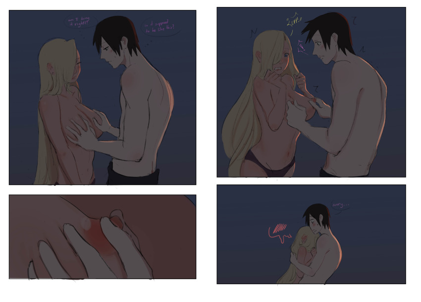 1boy 1girl absurdres blonde_hair blue_eyes blush breasts closed_mouth couple dark embarrassed english_text grabbing_another&#039;s_breast groping hetero highres hug imminent_penetration indoors lipstick long_hair makeup medium_breasts monday_mint naruto:_the_last naruto_(series) naruto_shippuuden nipple_stimulation nipple_tweak nipples nipples_teasing nude panties sai topless_male underwear very_long_hair wide_hips yamanaka_ino