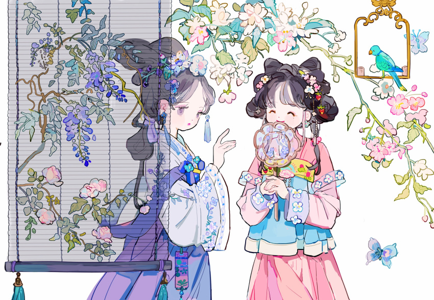 2girls bamboo_screen bird blue_bird branch brown_hair bug butterfly chinese_clothes closed_eyes closed_mouth cone_hair_bun cowboy_shot earrings eyelashes eyeshadow flower food fruit hair_bun hair_flower hair_ornament hand_fan hanfu happy highres holding holding_fan insect jewelry leaf lips long_hair long_sleeves makeup mole mole_under_eye multiple_girls original peony_(flower) pink_flower pink_hanfu purple_eyes purple_eyeshadow purple_flower purple_hanfu putong_xiao_gou smile strawberry stud_earrings tassel white_background white_flower wispy_bangs wisteria