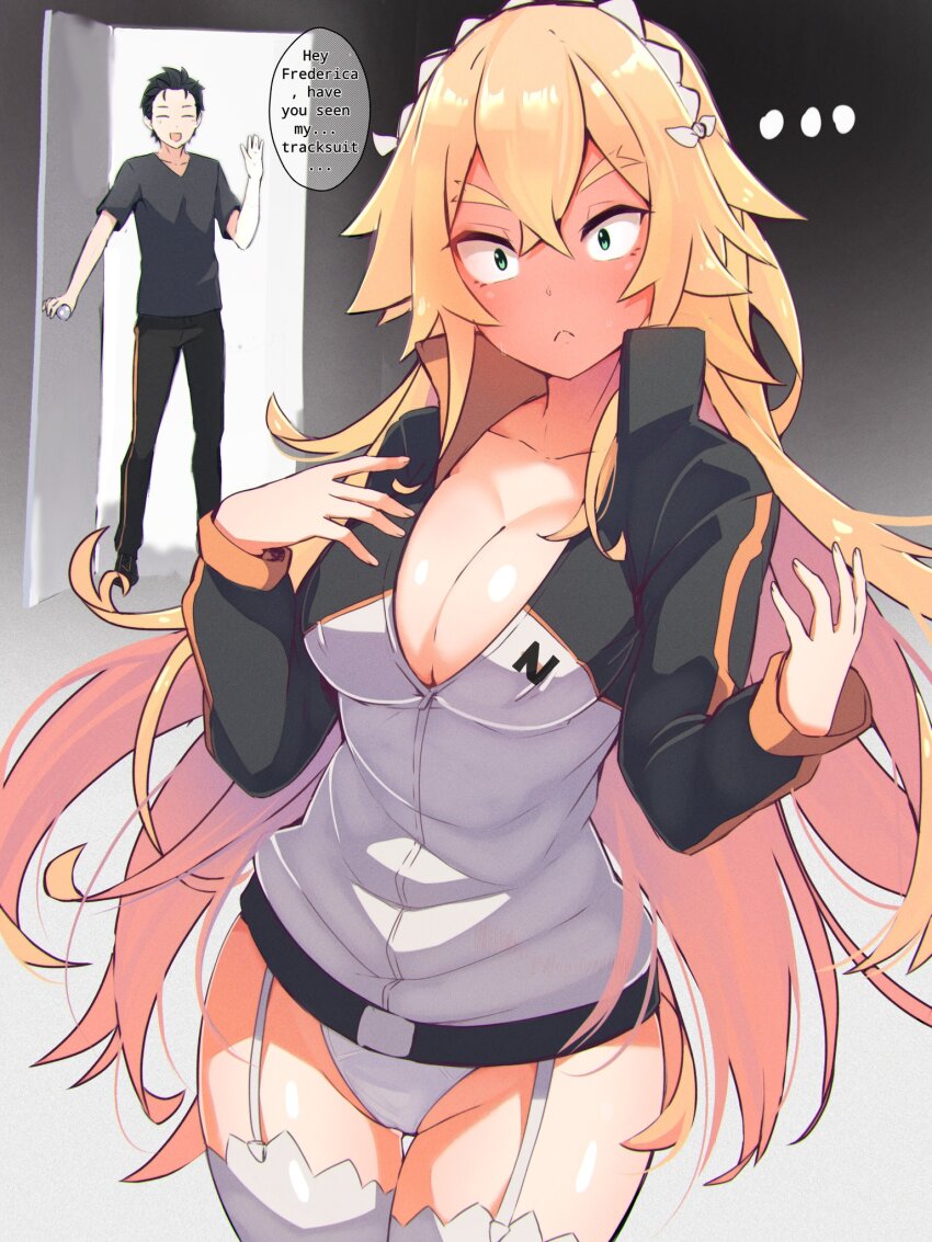 1boy 1girl blonde_hair blush breasts caught cleavage cosplay english_text frederica_baumann garter_straps green_eyes hair_between_eyes head_dress highres jacket large_breasts long_hair maid_headdress natsuki_subaru natsuki_subaru_(cosplay) panties re:zero_kara_hajimeru_isekai_seikatsu speech_bubble stealing_clothes thick_thighs thighhighs thighs track_jacket underwear very_long_hair wide_hips zerobarto