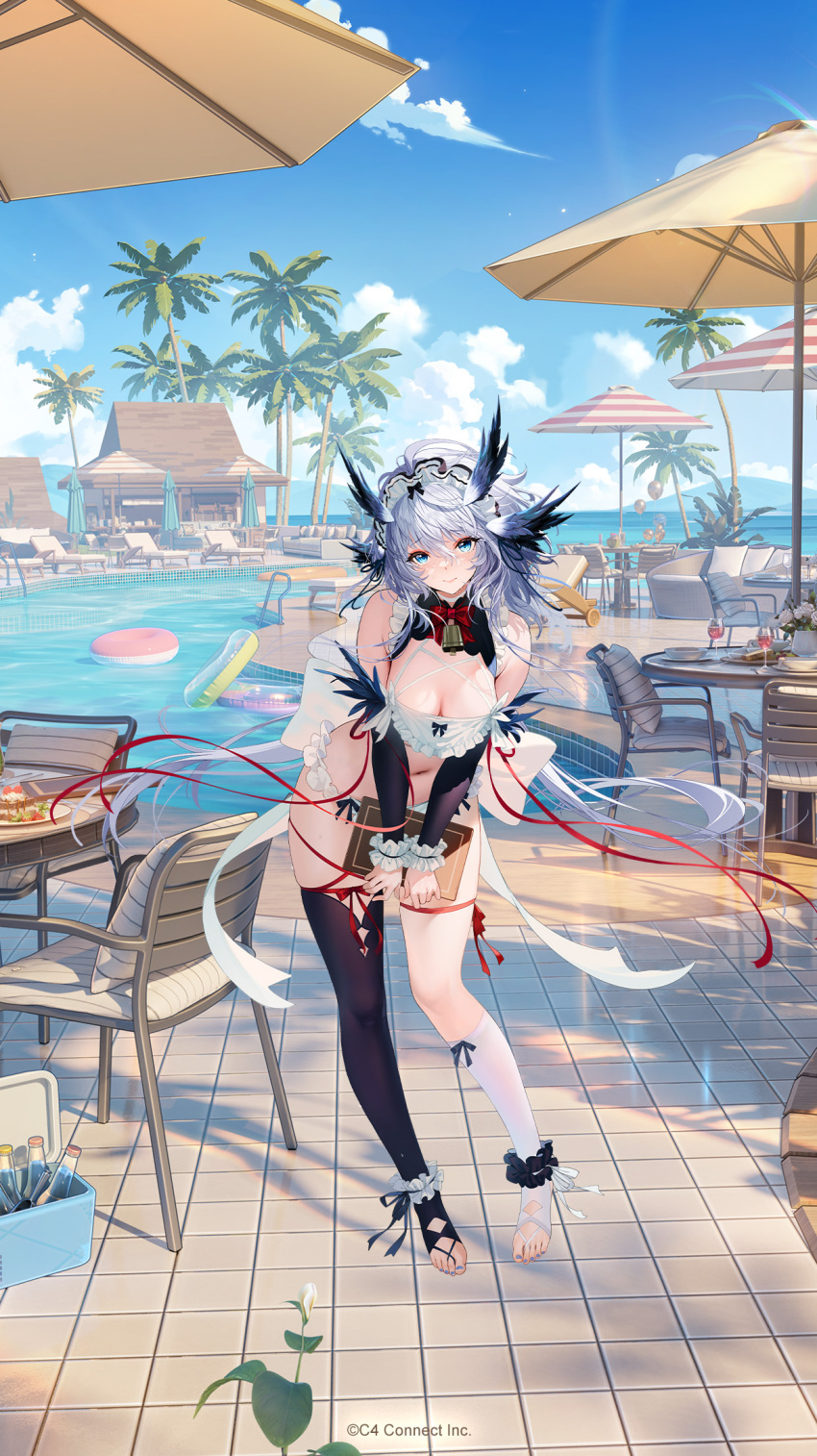 balloon bare_shoulders bell bikini blue_eyes blue_nails blue_sky book breasts cake character_request cleavage closed_mouth couch cup drinking_glass flower food fruit full_body glass_bottle highres holding holding_book houchi_shoujo leaf looking_at_viewer maid maid_bikini maid_headdress midriff official_art outdoors palm_tree pool red_ribbon ribbon single_thighhigh sky strawberry swimsuit thighhighs tree unconventional_maid white_flower white_hair wine_glass