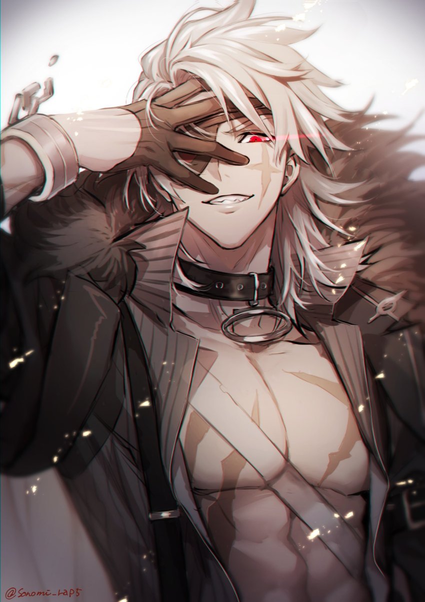 1boy abs alchemy_stars black_coat black_collar black_gloves broken broken_chain chain coat collar eye_trail eyepatch fur-trimmed_coat fur_trim gloves grey_background grey_hair grin half_gloves highres light_trail looking_at_viewer male_focus open_clothes open_coat pectoral_cleavage pectorals red_eyes scar scar_across_eye scar_on_chest scar_on_face simple_background smile solo sonomi taki_(alchemy_stars) toned toned_male twitter_username upper_body