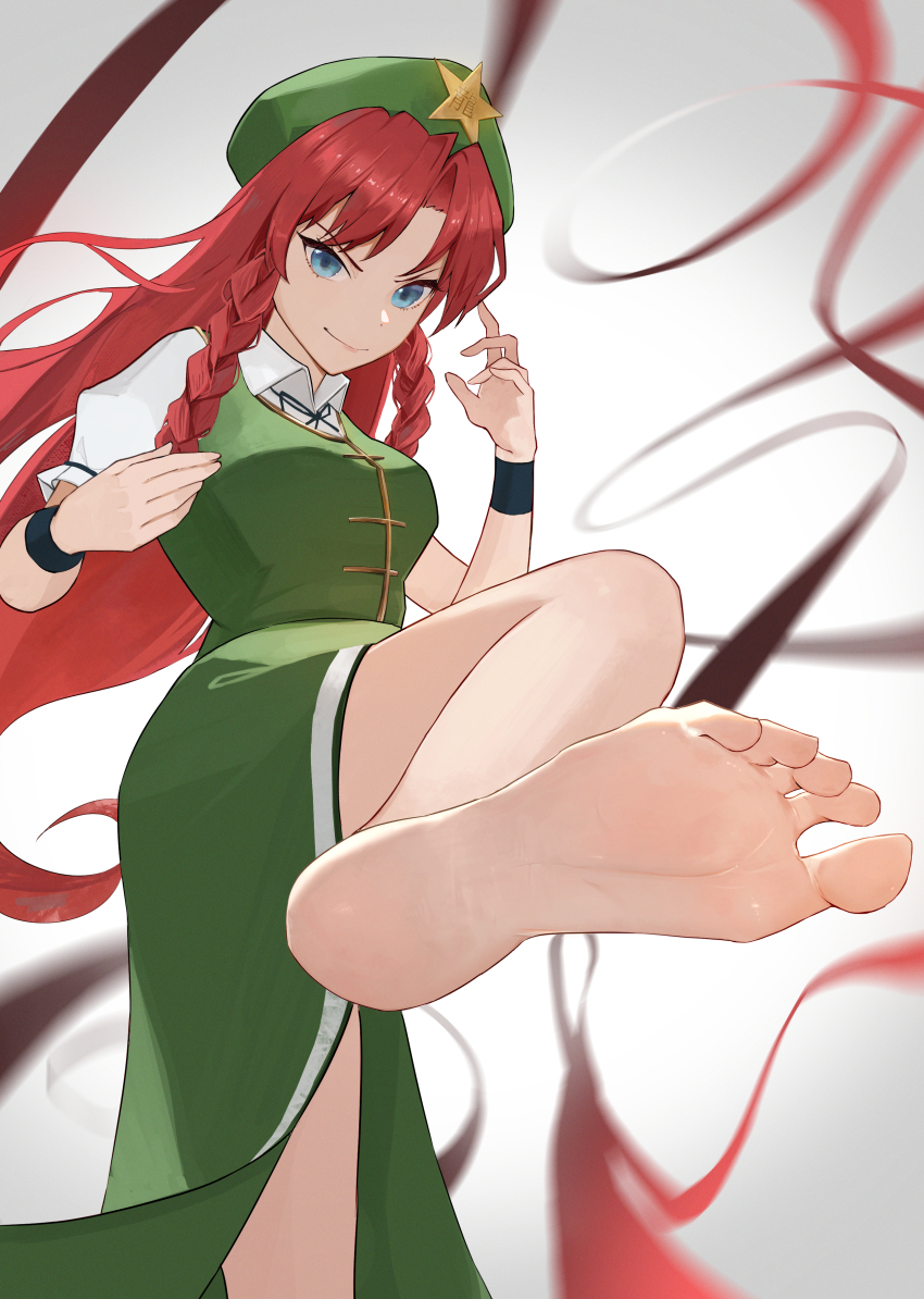 1girl absurdres barefoot beret blue_eyes braid dress green_dress green_hat hat hat_ornament high_kick highres hong_meiling kicking long_hair looking_at_viewer palulap red_hair side_braid solo star_(symbol) star_hat_ornament touhou