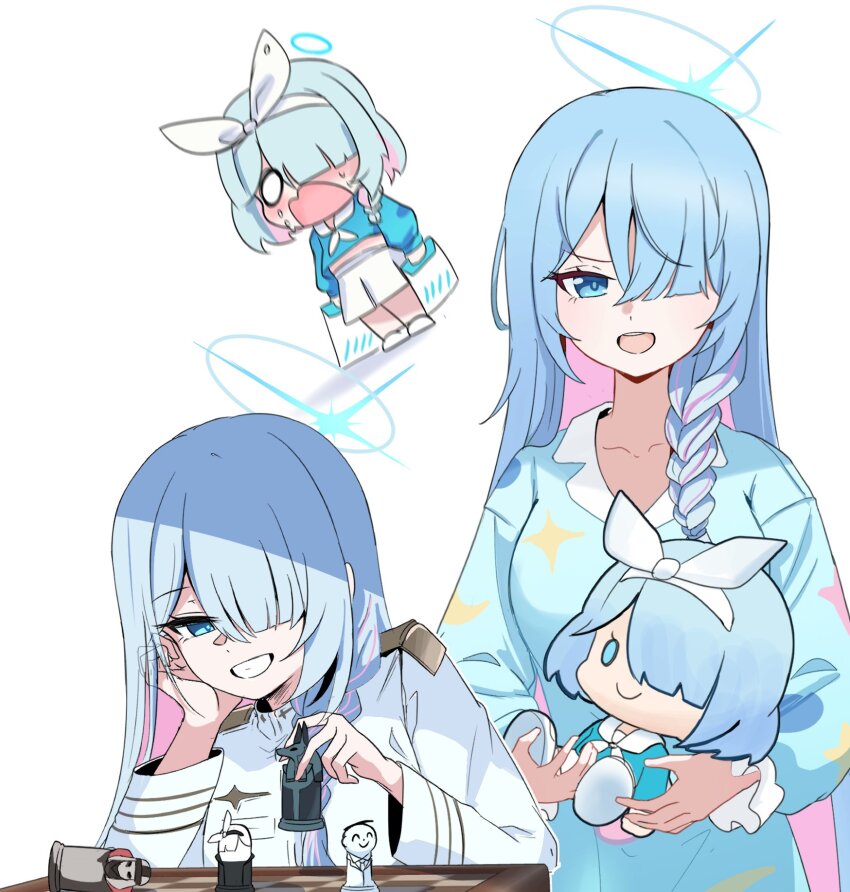 2girls anubis_(mythology) arona_(blue_archive) blue_archive blue_eyes blue_hair blue_halo blue_pajamas board_game braid character_doll chess chess_piece chessboard colored_inner_hair commentary_request doll doodle_sensei_(blue_archive) general_student_council_president_(blue_archive) hair_over_one_eye hairband halo highres korean_commentary long_hair long_sleeves miniskirt multicolored_hair multiple_girls pajamas phrenapates_(blue_archive) pink_hair plana_(blue_archive) pleated_skirt sensei_(blue_archive) short_hair single_braid skirt skyrain315 two-tone_hair very_long_hair white_hairband white_skirt