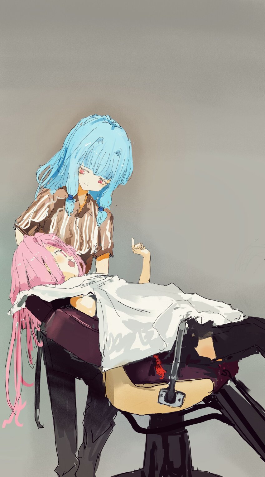 2girls absurdres alternate_costume barber barber_cape barber_chair black_pants black_thighhighs blue_hair blunt_bangs brown_shirt chair closed_mouth commentary_request eye_contact feet_out_of_frame from_side grey_background hand_up highres index_finger_raised kabuyama_kaigi kotonoha_akane kotonoha_aoi long_hair looking_at_another low-tied_sidelocks multiple_girls on_chair open_mouth pants pink_eyes pink_hair profile reclining shirt short_sleeves siblings sidelocks simple_background sisters smile striped_clothes striped_shirt thighhighs vertical-striped_clothes vertical-striped_shirt voiceroid