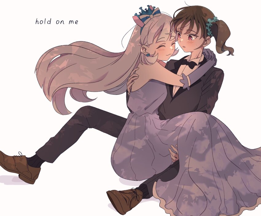2girls arms_around_neck bare_arms black_bow black_bowtie black_jacket black_pants black_socks black_suit blush bow bowtie brown_hair brown_shoes carrying closed_eyes closed_mouth collared_shirt commentary cure_nyammy dress earrings elbow_gloves english_text formal_clothes gloves hair_ornament hair_scrunchie hand_on_another&#039;s_back highres jacket jewelry multiple_girls nekoyashiki_mayu nekoyashiki_yuki nukazuke_(kzhto) pants parted_lips pink_eyes precure princess_carry purple_dress purple_gloves scrunchie shirt shoes side_ponytail simple_background sleeveless sleeveless_dress smile socks suit sweatdrop tiara white_background white_shirt wonderful_precure! yuri