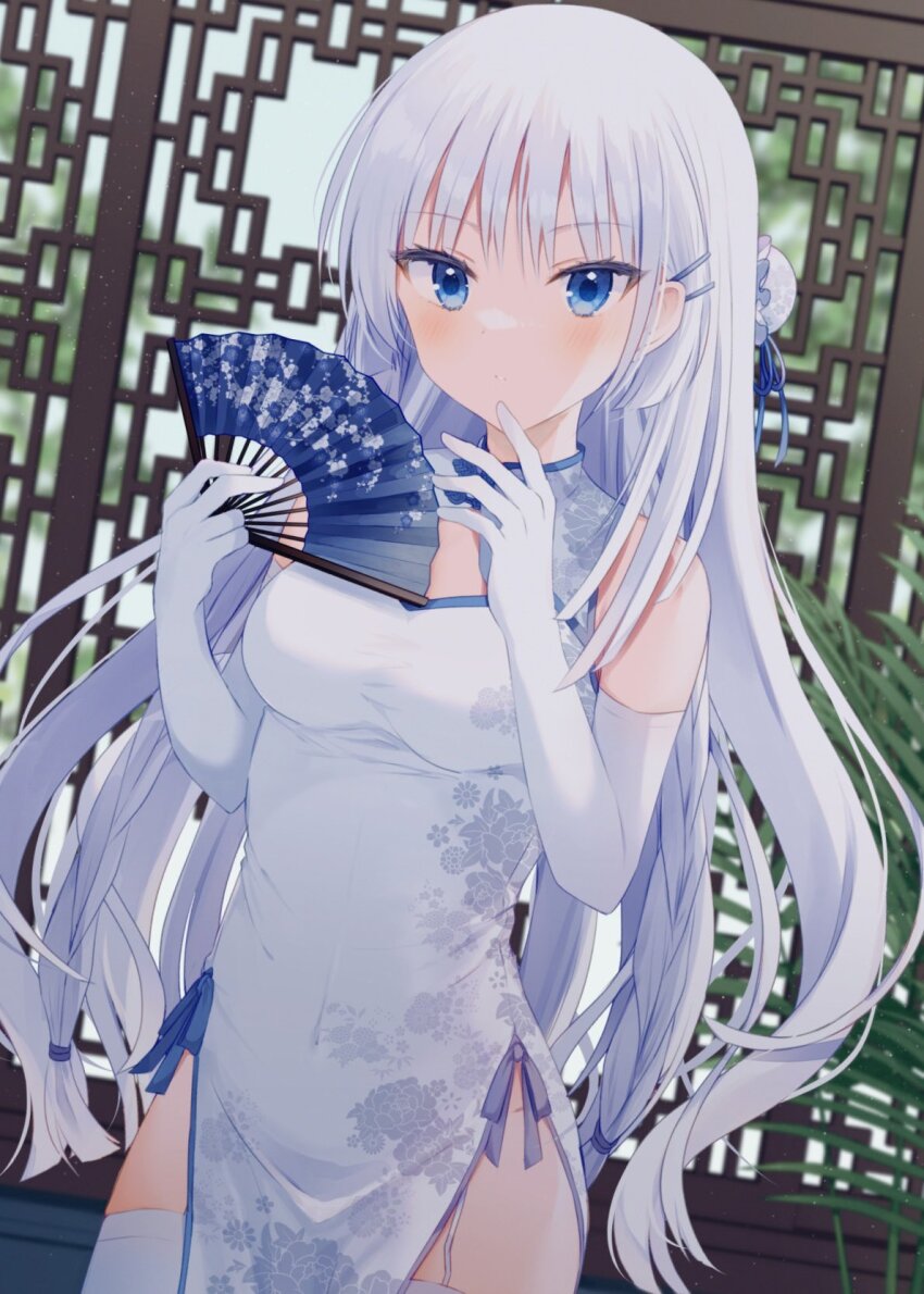 1girl 2022 adapted_costume aiyan architecture bare_shoulders blue_eyes blue_ribbon blunt_ends blurry blurry_background blush braid breasts china_dress chinese_clothes cleavage cleavage_cutout clothing_cutout commentary_request cowboy_shot curvy dated_commentary dress dress_ribbon east_asian_architecture elbow_gloves eyelashes floral_print folding_fan garter_straps gloves hair_behind_ear hair_between_eyes hair_bun hair_ornament hair_ribbon hairclip hand_fan hands_up highres hip_vent holding holding_fan indoors long_hair looking_at_viewer medium_breasts naruse_shiroha parted_lips print_dress ribbon single_hair_bun sleeveless sleeveless_dress solo summer_pockets thighhighs tsurime twin_braids very_long_hair white_dress white_gloves white_hair white_thighhighs