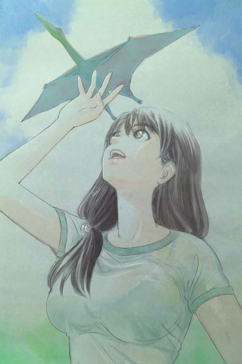 1girl absurdres arm_up breasts commentary highres kimi_wa_sukinosaurus large_breasts long_hair looking_up low_twintails open_mouth original pterosaur quetzalcoatlus sekiguchi_taro shiraishi_momiji shirt short_sleeves sky smile t-shirt traditional_media twintails upper_body