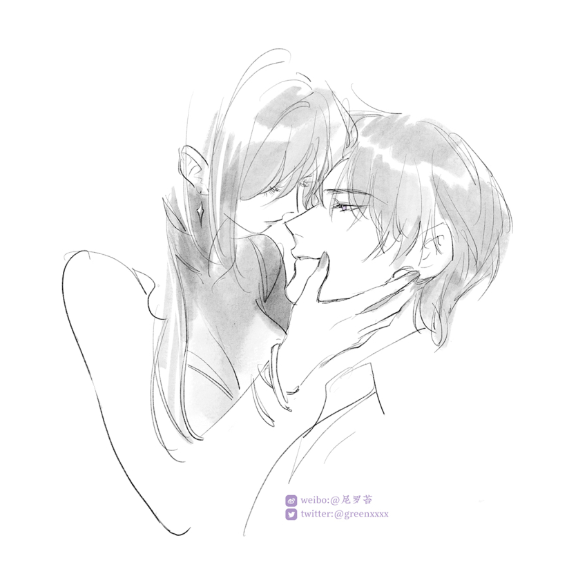 1boy 1girl bracelet breasts charlie_su cleavage couple earrings eyelashes fingernails floating_earring greenchou hetero highres imminent_kiss jewelry light_and_night_love long_hair looking_at_another medium_breasts monochrome nail_polish parted_lips profile protagonist_(light_and_night_love) short_hair sketch twitter_logo twitter_username upper_body watermark weibo_watermark