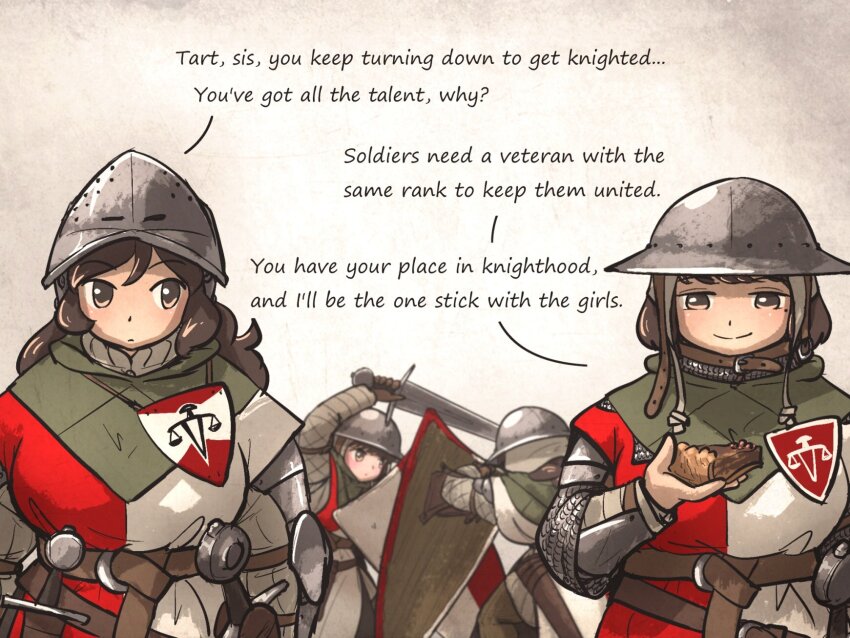 4girls armor balance_scale_print bascinet belt bracer breasts brown_eyes brown_gloves brown_hair capelet chainmail chunky_sister_(ironlily) closed_mouth commentary couter emblem english_commentary english_text fighting food gambeson gloves green_capelet helmet highres holding holding_food holding_shield holding_sword holding_weapon hounskull ironlily kettle_helm kite_shield lady_lucerne_(ironlily) large_breasts long_hair medieval medium_hair mole mole_under_eye multiple_girls ordo_mediare_sisters_(ironlily) pauldrons pie pie_slice rondel scabbard sheath sheathed shield shoulder_armor simple_background smile surcoat sword upper_body weapon
