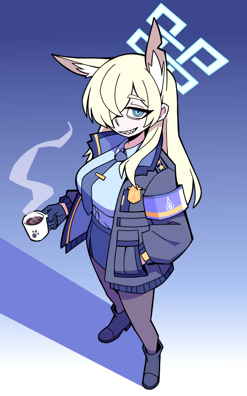 1girl absurdres animal_ears armband bean52623818 black_boots black_jacket blonde_hair blue_archive blue_eyes blue_necktie blue_shirt boots breasts brown_pantyhose coffee coffee_mug collared_shirt cup hair_over_one_eye highres holding holding_cup jacket kanna_(blue_archive) large_breasts long_bangs long_sleeves looking_at_viewer mug necktie pantyhose sharp_teeth shirt solo teeth tie_clip