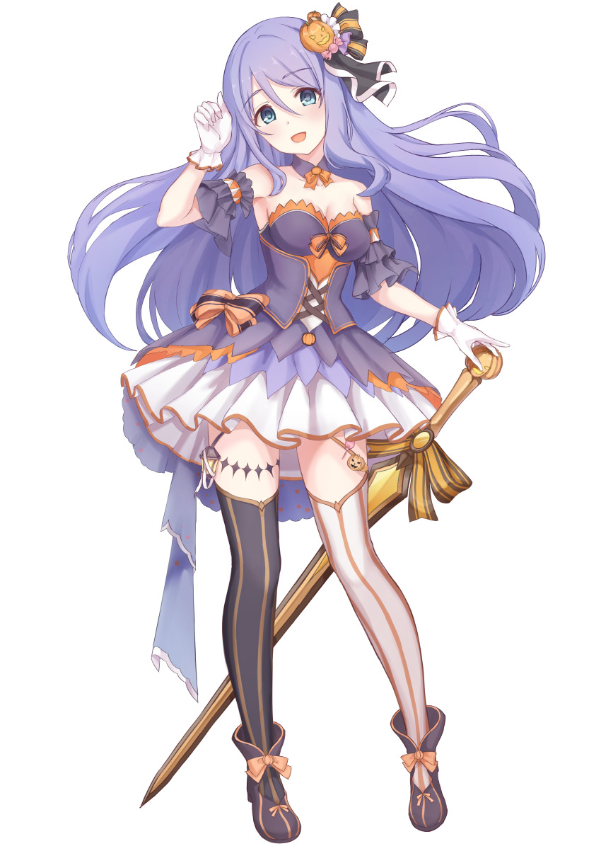 1girl absurdres alternate_costume bare_shoulders black_thighhighs blue_eyes breasts cleavage dress food-themed_hair_ornament full_body gloves hair_ornament halloween highres large_breasts long_hair open_mouth princess_connect! pumpkin_hair_ornament purple_hair renoahh shizuru_(princess_connect!) sidelocks skirt smile solo standing strapless strapless_dress striped_clothes striped_thighhighs sword tachi-e thighhighs vertical-striped_clothes vertical-striped_thighhighs weapon white_gloves white_skirt white_thighhighs