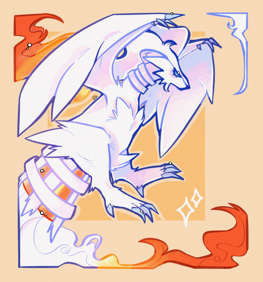 abstract_background akikikis animal_focus blue_eyes clawed_wings claws commentary diamond_(shape) english_commentary fire fluffy from_side full_body game_freak gen_5_pokemon highres jet_engine legendary_pokemon nintendo no_humans no_mouth orange_background orange_outline outline pokemon pokemon_(creature) reshiram signature solo square