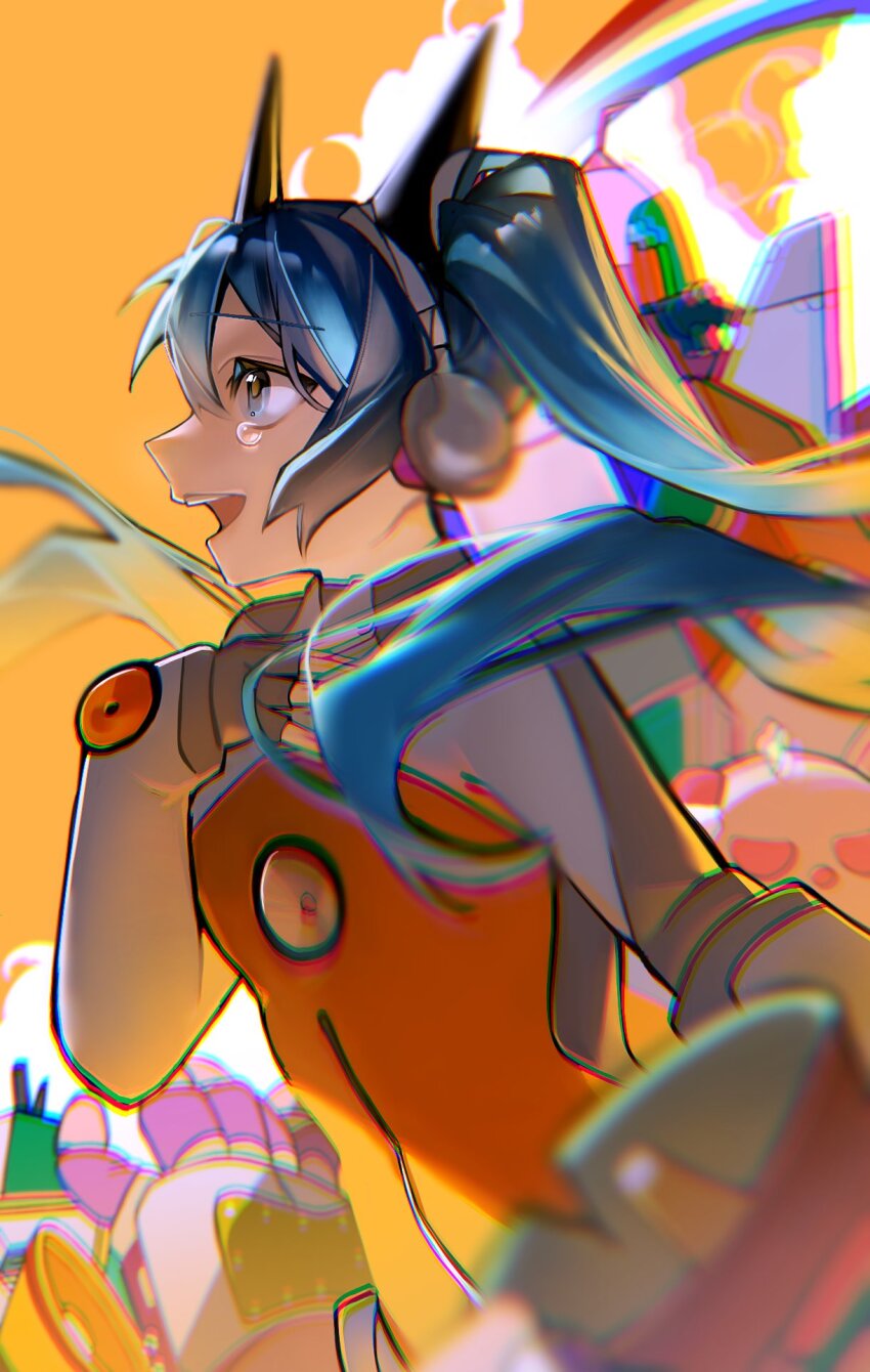 1girl animal_ear_headphones animal_ears aqua_eyes aqua_hair blue_hair cat_ear_headphones fake_animal_ears fingerless_gloves floating_hair gloves hair_ornament hand_on_own_chest hatsune_miku hatsune_miku_(heartbeat) headphones highres long_hair music nikuta odds_&amp;_ends_(vocaloid) open_mouth orange_background project_diva_(series) rainbow singing smile solo tearing_up twintails very_long_hair vocaloid